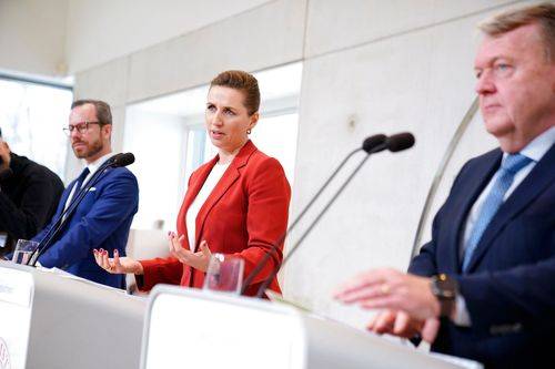 Jakob Ellemann-Jensen, Mette Frederiksen og Søren Pape Poulsen på pressemøde