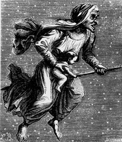 Heks flyvende til sabbat med et barn, der skal ofres. Fra Collin de Plancys Dictionnaire Inferale 1863-udgaven. Foto: Polfoto