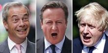 Modstandere og tilhængere af Brexit: Fra venstre er det Nigel Farage, David Cameron og Boris Johnson.
