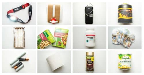 Fotocollage viser pandelampe, vanddunk, powerbank, gasdåse, stearinlys, Knorr retter, panodil, bleer, batterier, toiletpapir, Nescafe og majs