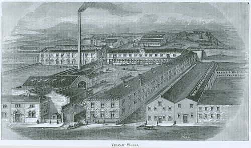 Litografi af Vulcan Works i Bradford i England. Ca. 1888.